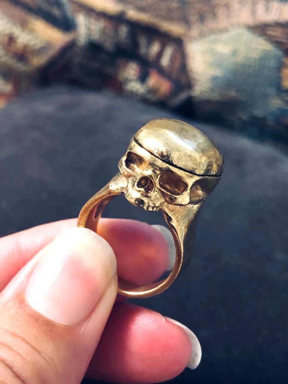 Golden Skull Poison Ring Gold Tone Brass Size 6 to 6.5